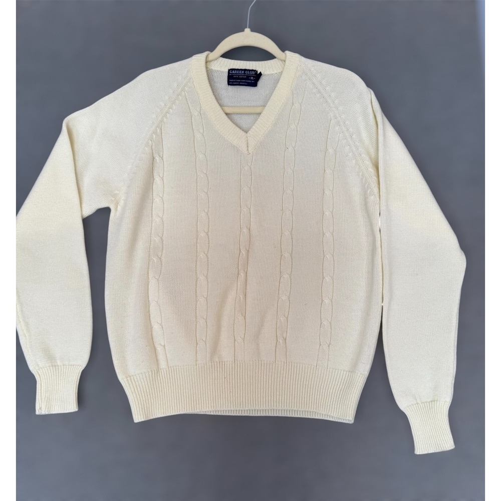 80s Career Club Men M/L XL Cream Cable Knit Sweater Grandpa Tennis Prep Coastal